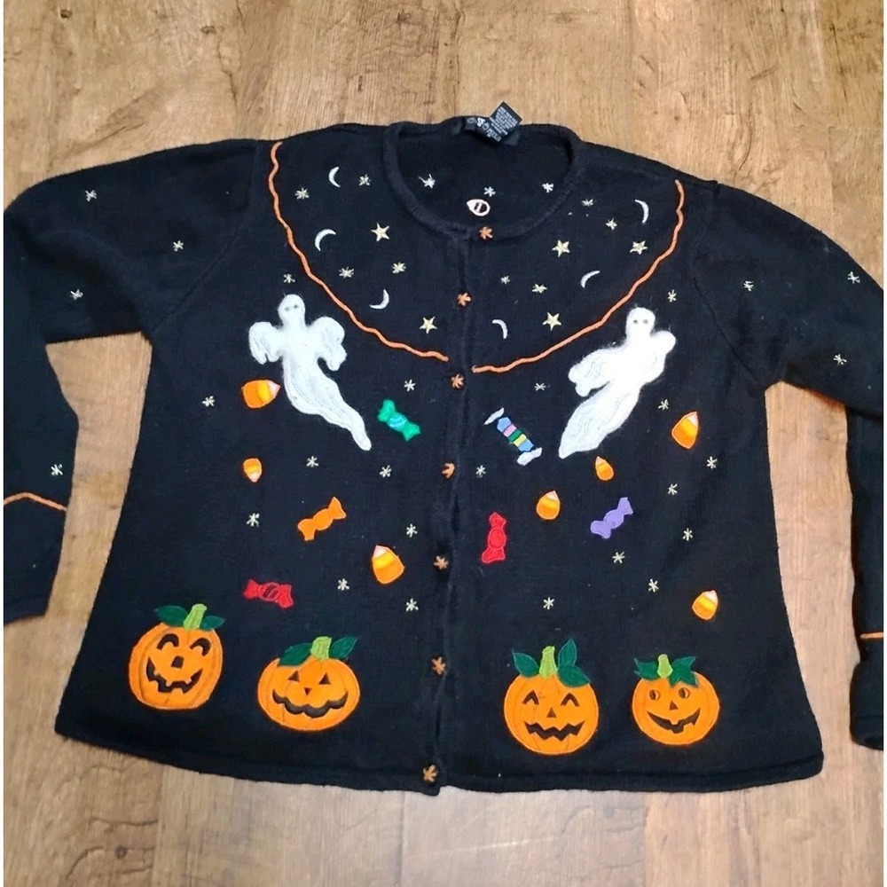 VTG Tiara International Halloween Cardigan Sweater Ghost Pumpkin Spider Size L